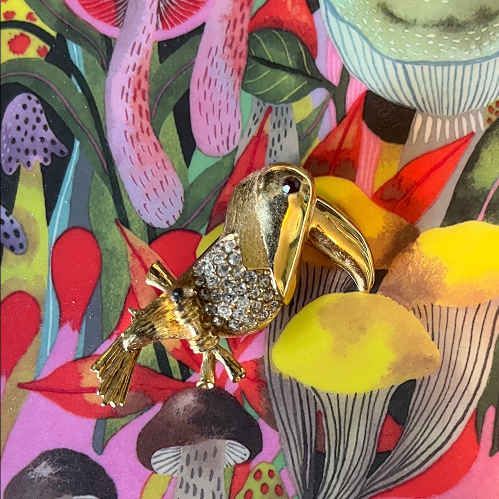Gold Toucan Brooch with rhinestone details